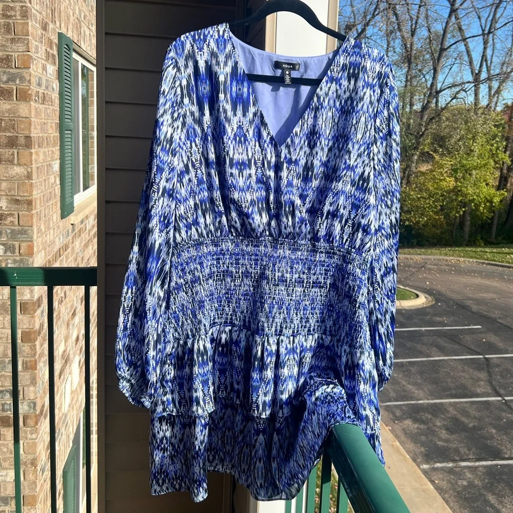 🆕🦋AQUA Blue Ikat Print Smocked Tiered Mini Dress Size XXL Boho Chicupoo Casual
